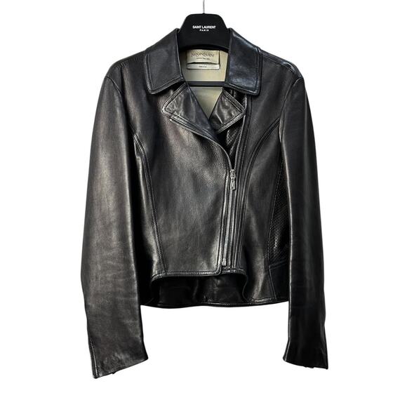 Yves Saint Laurent Black Leather Biker Jacket Size 38